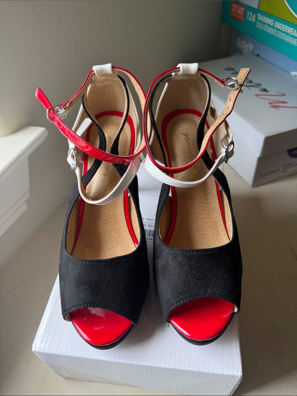 Black Suede-Look Peep-Toe Heels with Red & White Ankle Straps